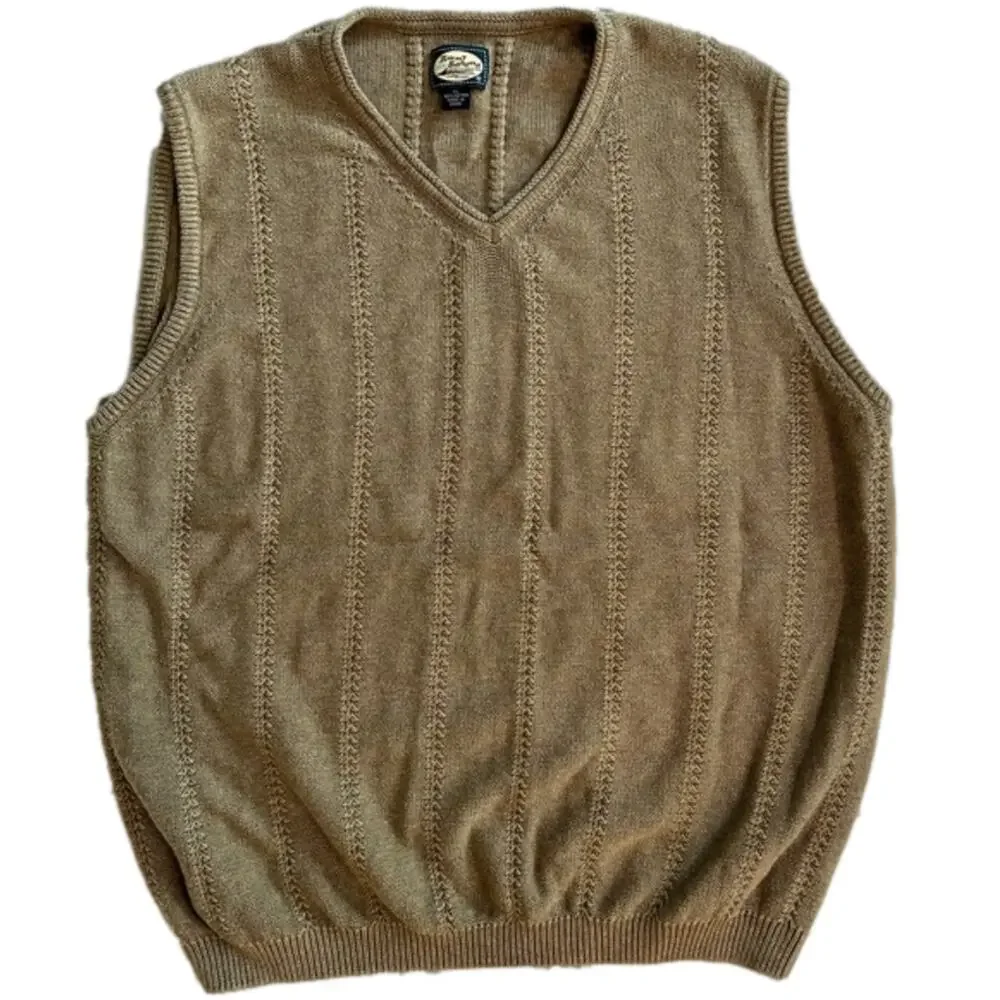 Tommy Bahama Men’s Cotton Cable Knit Sweater Vest V-Neck Tan Preppy Golf Size XL